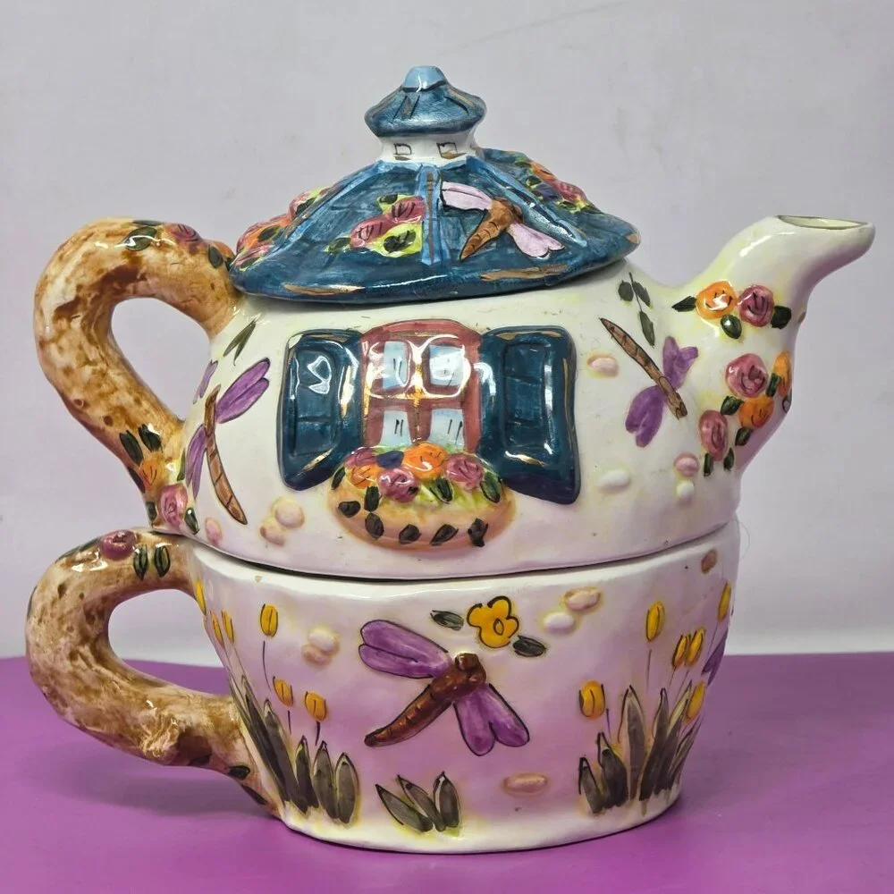 vintage Hand-Painted Ceramic Cottage Style Dragonfly Teapot &‎ Cup Set With Lid